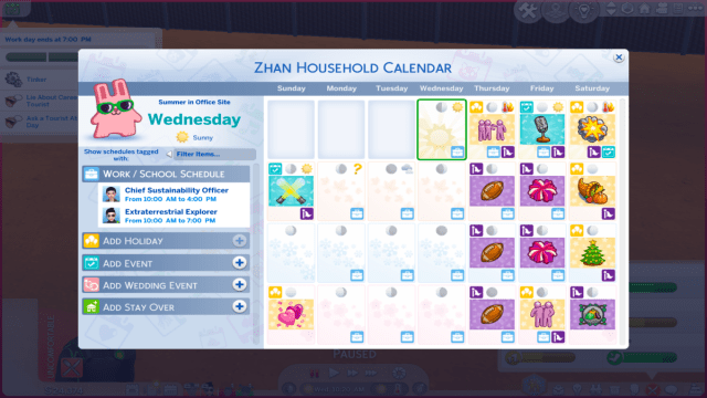 Calendar showing holidays